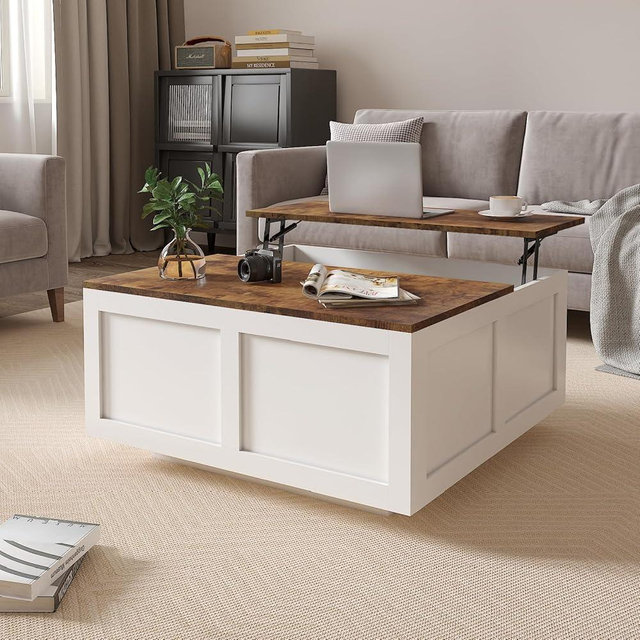HedoAjim Lift Top Coffee Table with Storage, 31.5" Square White Coffee Table with Large Hidden Storage, Wood Living Room Table Center Table for Living Room Dining Reception Room
