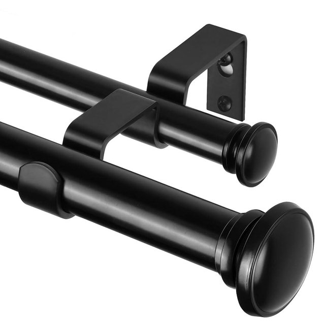 TONIAL 1 Inch Double Curtain Rods 36 to 72 Inches (3 to 6ft), Heavy Duty Decorative Drapery Rod for Windows 24 to 68 Inches (2 to 5.7ft) with Small Cap Finial, Black