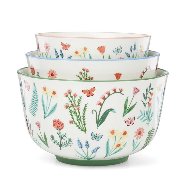 Oneida Serveware, First Blooms Nesting Bowls Set Of 3, Porcelain Material, Dishwasher & Microwave Safe, 19-oz, 30-oz, & 46-oz Serving Bowls, Pasta Bowl, Floral Design (Multi-Colored, 3 Pieces)