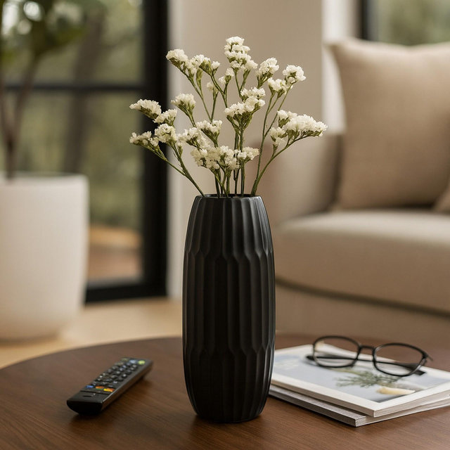 Ceramic Ceramic Vase Textured Boho Decorative Flower Holder for Home, Office, Bedroom & Living Room - Minimalist Modern Accent Piece - 16" Black