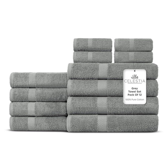Villa Celestia 100% Cotton Bath Towel Set of 12-4 Bath Towels, 4 Hand Towels, 4 Wash Cloths, Sustainable, Soft, Highly Absorbent, Combed Cotton 12 Piece Set for Hotels, Spa, Bathroom, Dorm, Grey