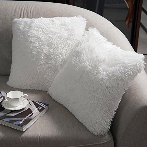 NordECO HOME Luxury Soft Faux Fur Fleece Cushion Cover Pillowcase Decorative Throw Pillows Covers, No Pillow Insert, 18" x 18" Inch, White, 2 Pack