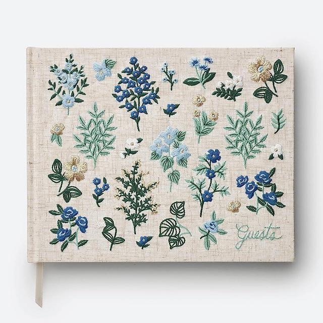 RIFLE PAPER CO. Wildwood Embroidered Fabric Guest Book - 144 Lined and Blank Pages, Cloth Cover with Blue Floral Embroidery, Lay-Flat Binding, 8.25" L x 10.25" W, Includes Grosgrain Ribbon Bookmark