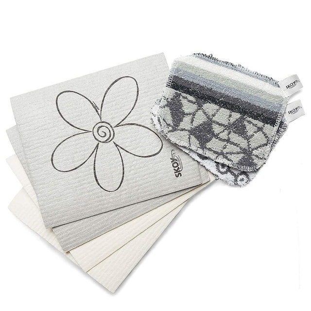 Skoy Bundle, 2-Pack Skoy Scrub, and 4-Pack Skoy Swedish Dishcloth, Reusable Cleaning Products for Kitchen and Household, Planet-Friendly, Dishwasher Safe Soft Scrub, Monochromatic Colors
