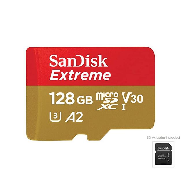 SanDisk 128GB Extreme microSDXC UHS-I Memory Card with Adapter - C10, U3, V30, 4K, A2, Micro SD - SDSQXA1-128G-GN6MA
