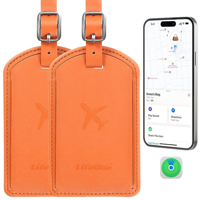 Luggage Tags Built-in Anti-Loss Tracker, Luxury Leather Luggage Tags for Suitcase, Travel Bags, Backpacks, Travel Organizer for Lost Baggage Prevention (Orange*2 Pack)