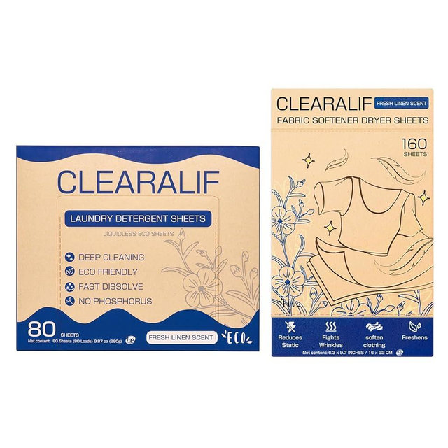 Clearalif All in One Laundry Detergent Sheets Kit, Fresh Linen Scent, 160 Loads Laundry Sheets + 160 Drying Sheets, Laundry Set Great for Travel, Softener Sheets Eco Package Friendly & Hypoallergenic