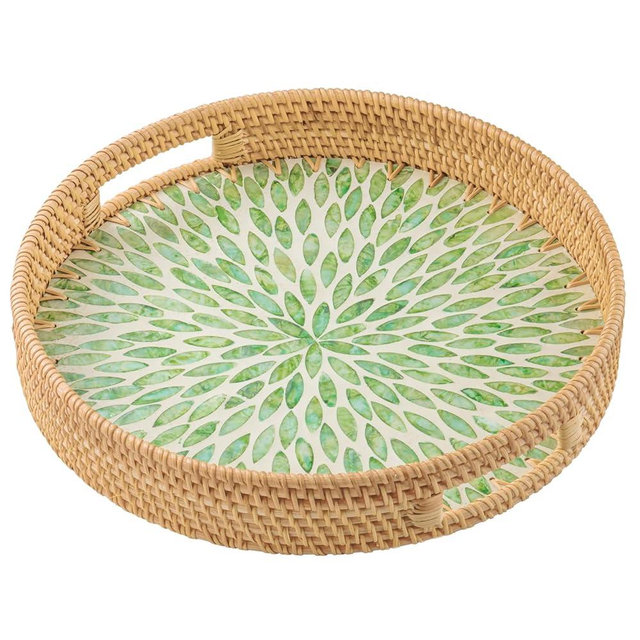 13.8 in Round Rattan Serving Tray with Handle, Mother of Pearl Inlay Wooden Base, Decorative Wicker for Table, Kitchen Island & Home Decor (Green Leaf)