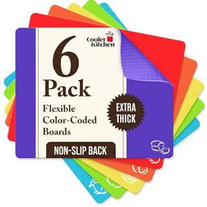 Extra Thick Flexible Cutting Board Mats Set of 6 for Kitchen, BPA Free Plastic Cutting Boards, Non-Slip Waffle Back, Dishwasher Safe, Color Coded with Food Icons, 15x12 Inch - Cooler Kitchen