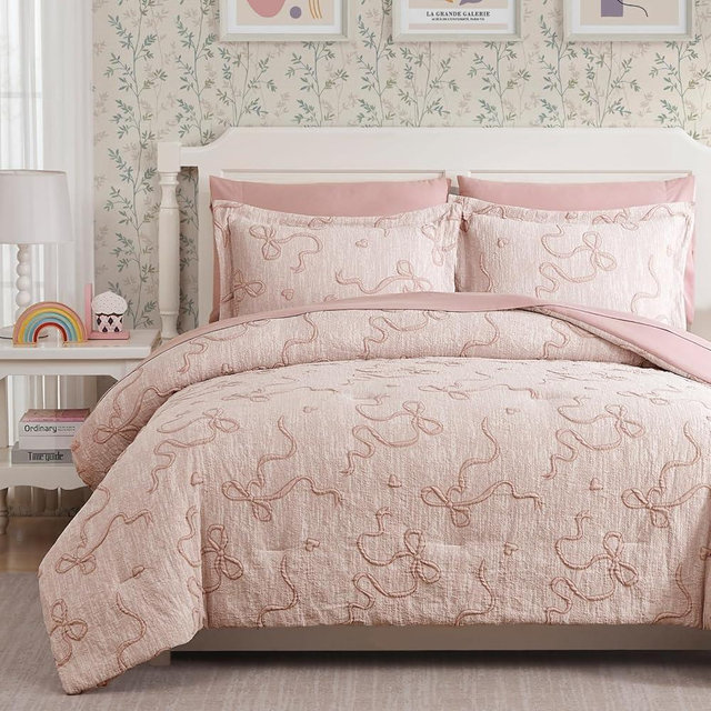 Geniospin Pink Queen Comforter Set for Girls- 7 Pieces Bowknot Jacquard Bed in A Bag Queen Bedding Sets with Sheets, Pillowcases & Shams, All Season Kids Comforter Set