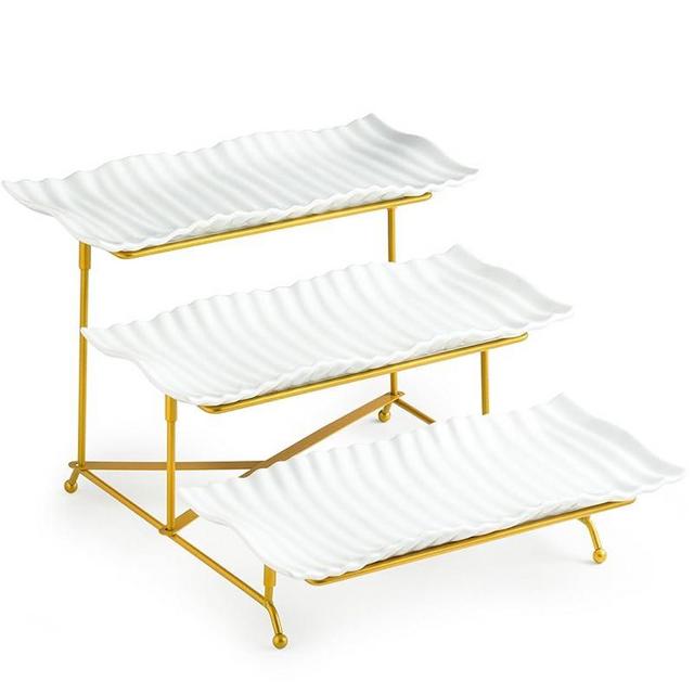 LAUCHUH Tiered Tray Stand and Platters 3 Tier Collapsible Serving trays & platters Dessert Table Display Set for Party, Entertaining, Christmas, Gold, 12.2 Inch with 2 Cross Bars