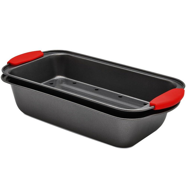 PERLLI Nonstick Meatloaf Pan with Drip Tray Insert – High-Carbon Steel Bakeware with Silicone Grips – Ideal for Baking Bread, Cake, and Roasting Meat in the Oven - 2-Piece Set