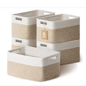 5 Pack Woven Storage Baskets for Shelves, Decorative Basket Organizer Storage Bins for Toys, Books, Clothes, Closet, Nursery, Bathroom – Cotton Rope Shelf Baskets for Organizing, Khaki & White