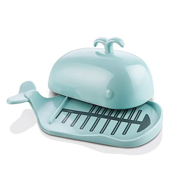 DOWAN Porcelain Butter Dish, Large Butter Dish with Cover, White Butter Dish with Handle and Cover, Butter Dish with Lids, Cute Butter Dish for European Butter, Measurement, Turquoise, Large