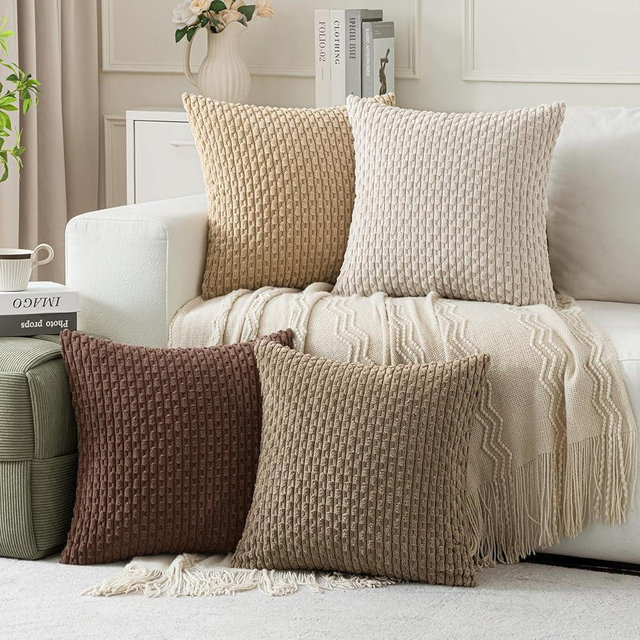 MIULEE Throw Pillow Covers Soft Couch Decorative Set of 4 Boho Striped Cushion Covers Corduroy Pillowcases Farmhouse Accent Home Decor for Couch Bed Sofa Living Room 18x18 Inch Brown