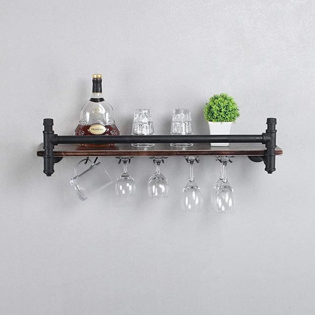 Industrial 30" Wall Mounted Wine Racks with 5 Stem Glass Holders for Wine Glasses,1-Tier Storage Wood Shelf,Mugs Rack,Bottle & Glass Holder,Wine Storage Display Rack,Home Décor,Retro Black(Style A)