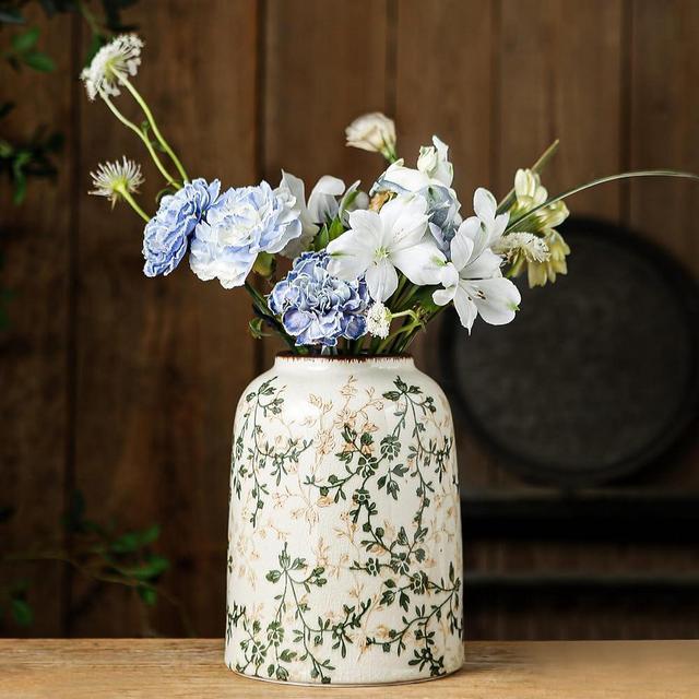 Green Vintage Vase, Chinoiserie Floral Vase, Retro Ice Cracked Ceramic Large Vases for Home Decor, Living Room, Bookshelf, Office, Grand Millennial Decor, Chinoiserie Decor, Tuscan Decor 7.8 Inch