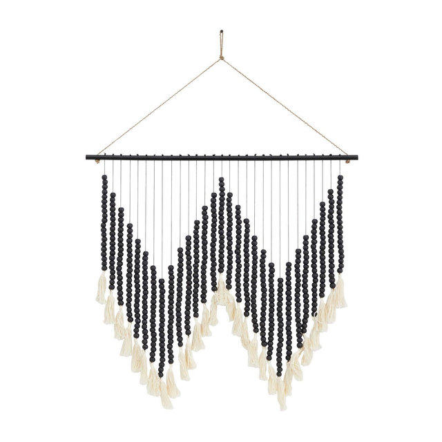 Wood Macrame Beaded Wall Decor with Fringe Tassels Black - Olivia & May: Traditional Style, Carved Art, Indonesia Made