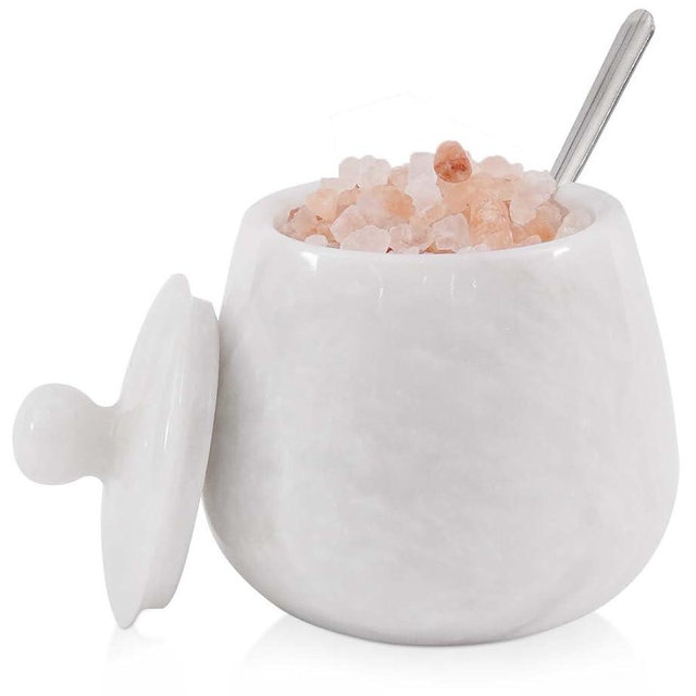 Marble Salt Cellar with Lid 3.5 Inch handmade White Natural Stone Salt Jar for Kitchen, Herb & Spice Storage Container, Countertop Sugar Bowl, Elegant Marble Canister