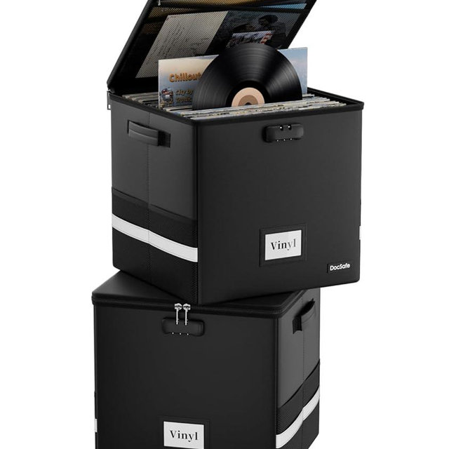 DocSafe Vinyl Record Storage Box with Lock,Fireproof Record Organizer Storage for 100+ Single Records(12-inch), Collapsible Storage Crate with Lid & Handles for Valuable Album Collection,Black,2 Pack