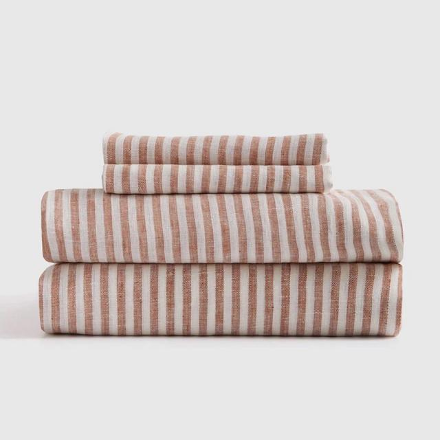 Queen size Linen Sheets - Terracotta/White Stripe