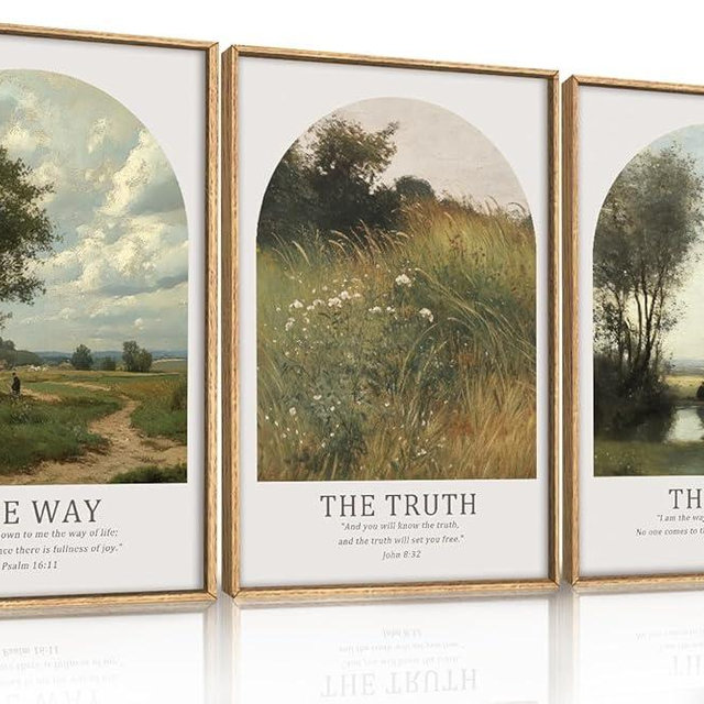 FWIEXA Christian Bible Verse Canvas Wall Art Set 3, Vintage Scripture Framed Painting, Religious Landscape Decor, The Way The Truth The Life Artwork, 24x36In Prints for Living Room,Bedroom,Prayer Room