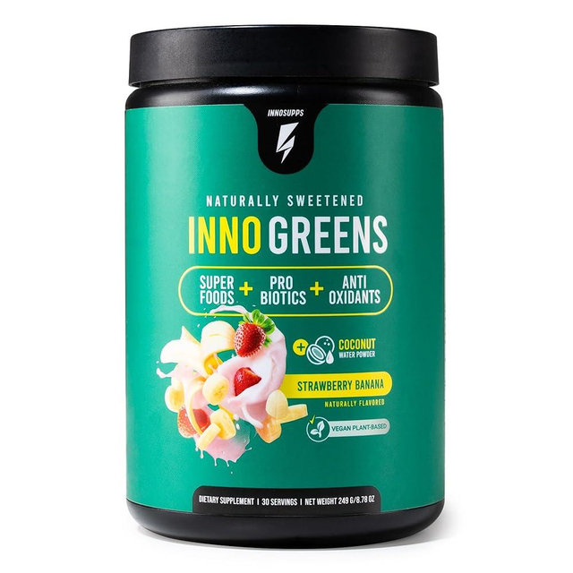 Inno Greens | 28+ Organic Greens & Superfoods | Advanced Prebiotics + Probiotics | Super Antioxidant + Hydration | Spirulina, Chlorella, Ashwagandha | Natural | 30 Servings (Strawberry Banana)