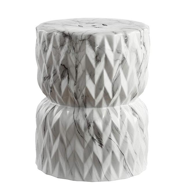 Jonathan Y TBL1021A Chevron Drum 17.5" White Marble Finish Ceramic Garden Stool
