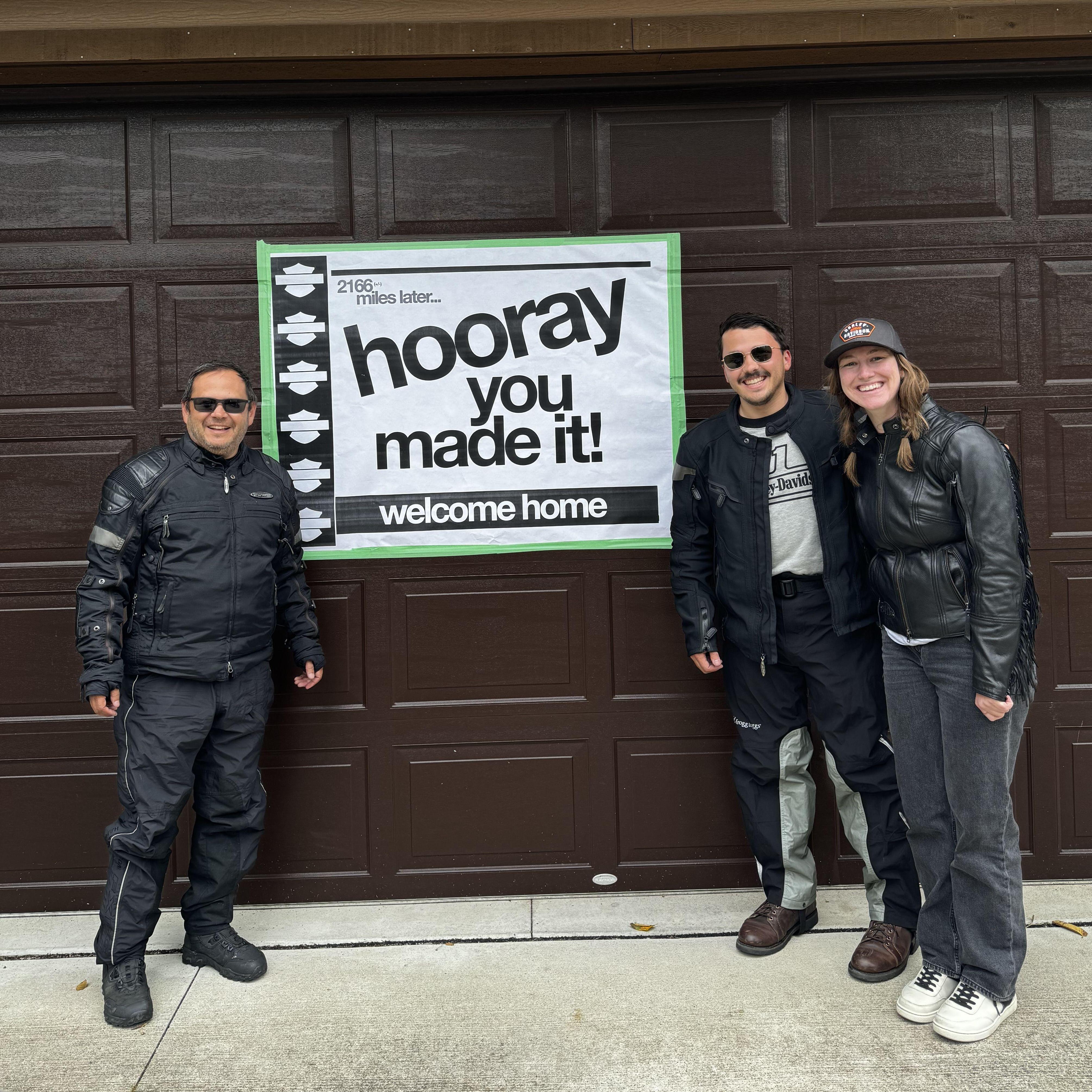 Kayla, Alex and Alex's dad, Ken after returning from our Sturgis motorcycle trip, 2024