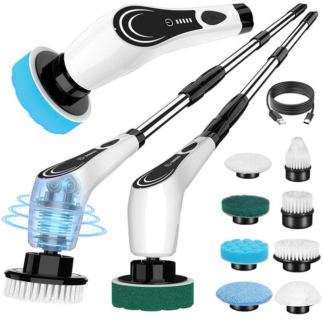 Lichffy Electric Spin Scrubber, Cordless Floor Scrubber Machine with 8 Cleaning Pads & Telescopic Handle, Bathroom Scrubber for Cleaning Tile Grout Tub Shower Floor Window Carpet, White-rx2...