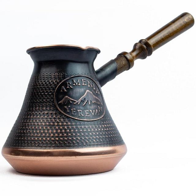 Handmade Armenian Coffee Pot Maker 15 Fl Oz - Copper Jazva Ararat Turkish Arabic Greek Cezve Jezve Ibrik Turka Jazve Wooden Handle (5 cup (15 US fl.oz)) Brown
