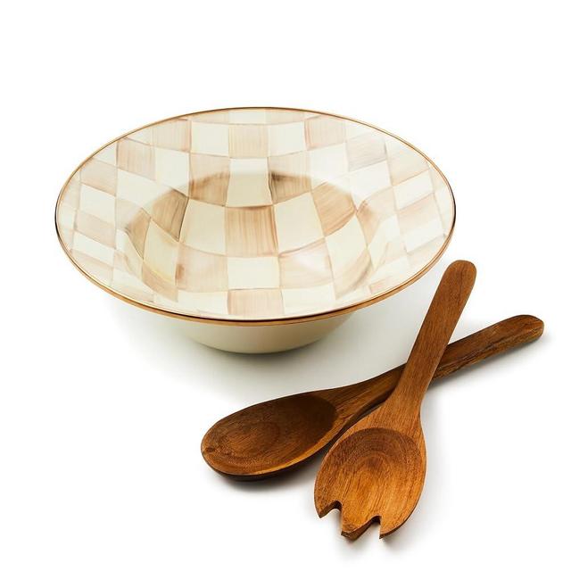 MACKENZIE-CHILDS Enamel Salad Serving Set, Enamel Bowl and Wooden Salad Servers, Decorative Kitchen Set, Brown-and-White Mocha Check