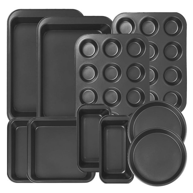 KOOMADE 10PCS Nonstick Baking Pans Set - Bakeware Sets for Cooking, Oven and Dishwasher Safe, Non Toxic, Includes Cookie Sheets for Baking, Muffin Pan, Bread Pan, Cake pan, Loaf Pan Roasting Pan Black
