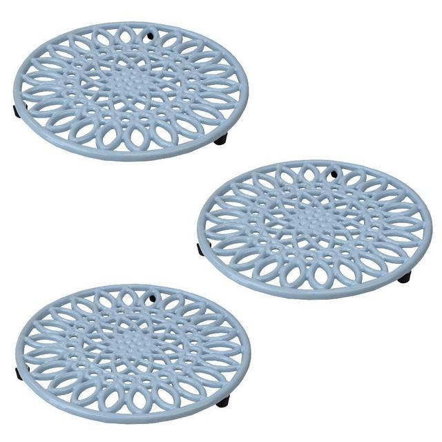 Home Basics Sunflower Collection, Heavy Duty Cast Iron Trivet, Elevated Base Kitchen Countertop & Dinning Room Table, (3, Light Blue)