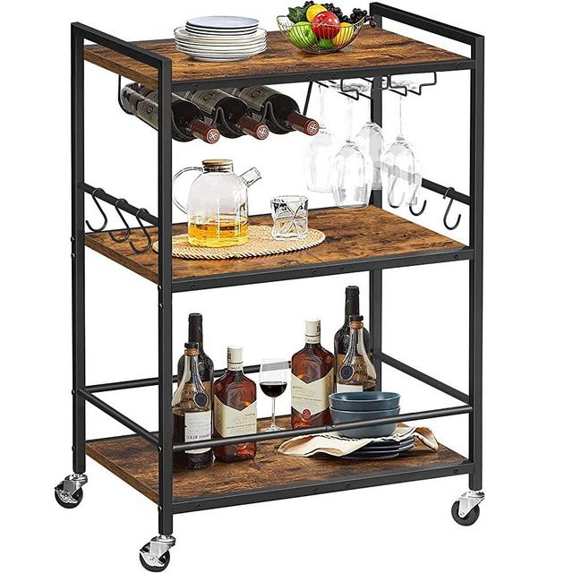 Bar Cart, Serving Cart for Home, Microwave Cart, Drink Cart, Mobile Kitchen Shelf with Wine Rack and Glass Holder, Rolling Beverage Cart for Living Room, Kitchen, Rustic Brown and Black BC01BB030