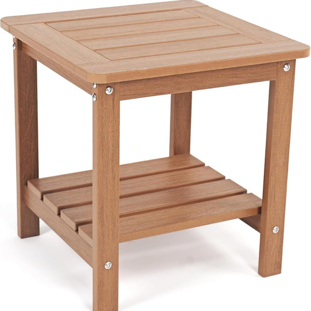 Kibaso-Adirondack Outdoor Side Table, 2-Tier HDPE Outdoor End Table, Weather Resistant Easy Maintenance, Small Patio Side Table for Patio, Pool, Porch, Garden, Lawn, and Living Room (1, Rustic Teak)