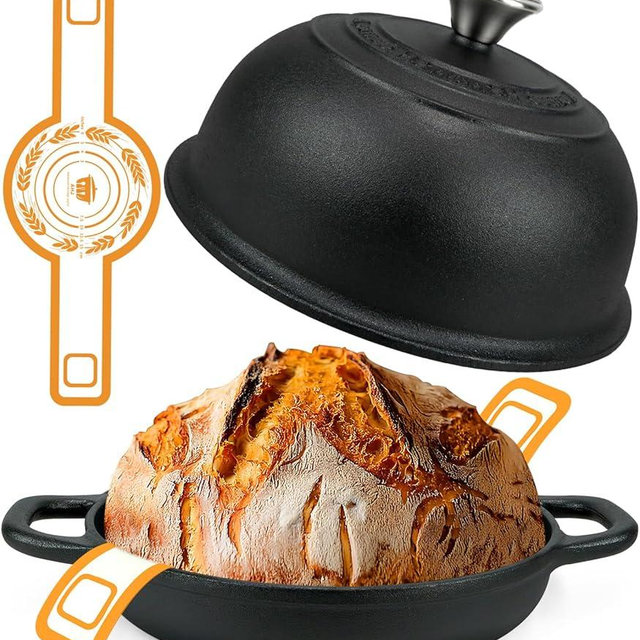 5QT Pre-Seasoned Cast Iron Dutch Oven For Bread Baking, Dutch Oven with Domed Lid, Sourdough Bread Baking Supplies, Multi-Functional Bread Pan For Baking, Frying, Roasting