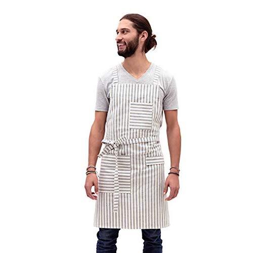 MEEMA Crossback Bib Apron for Men & Women | STRIPED Eco Friendly Upcycled Denim Apron | HEAVY, Durable Fabric - Extra Support and Comfort CROSS BACK Chef Apron | Barista, Work, Artist, Cooking, Server