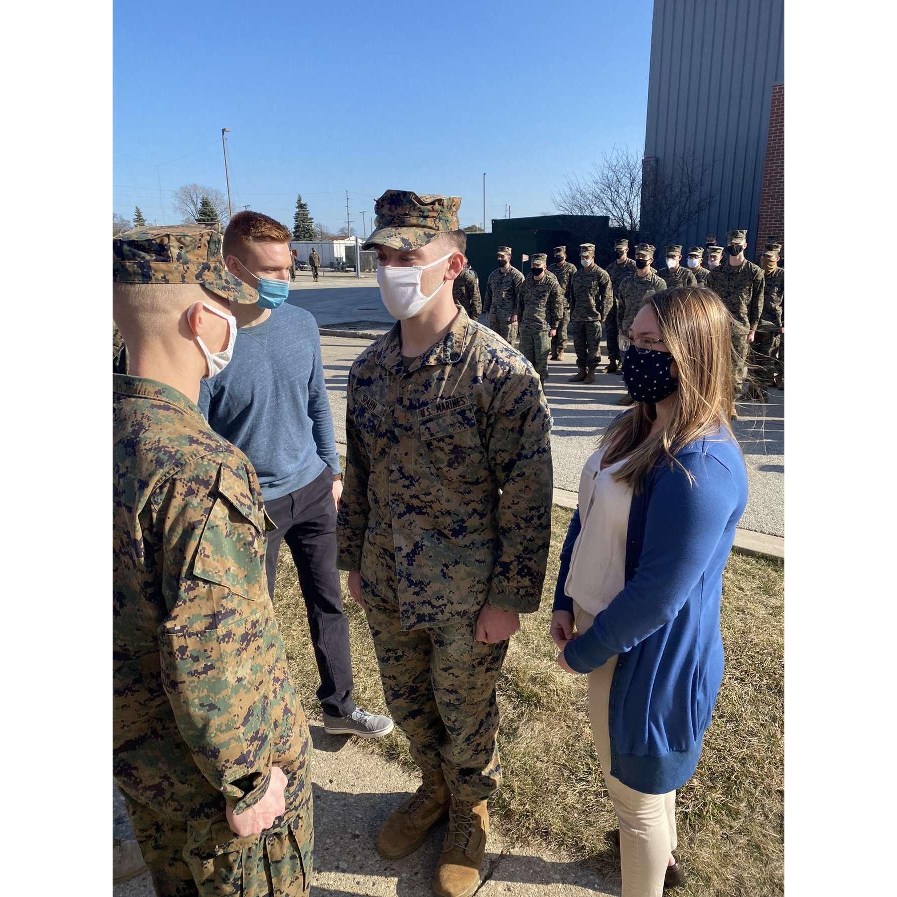 Caitlin got to pin Brad in as a Sergent in the Marine Corps. Fun fact, after some practice, she still messed up the positioning of the pin.
