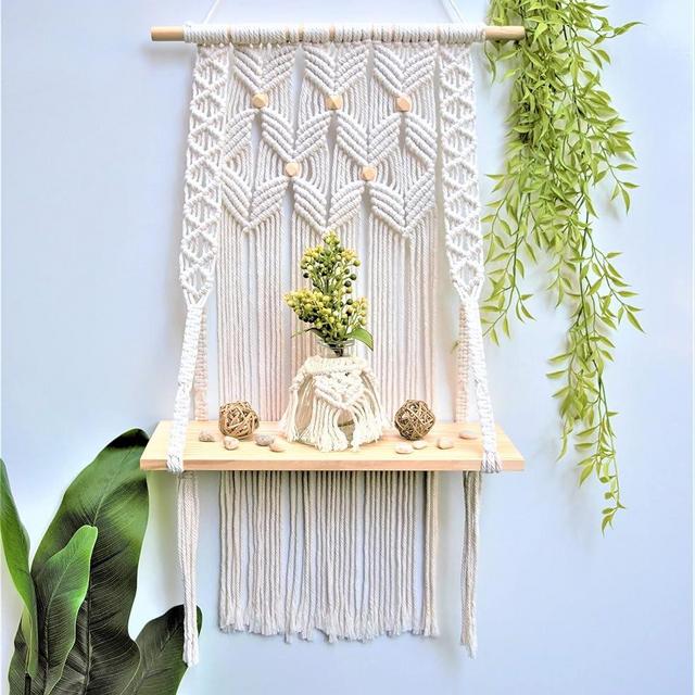 Macrame Wall Hanging Shelf-ideal décor-plants storage bookshelf-Bohemian Decorative Shelves-Boho Floating Indoor Shelving–For bedroom kitchen bathroom room with window Plant hanger-shelfs. Natural