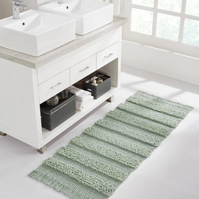 VCNY 24"x60" Savannah Fringe Striped Bath Rug Runner Sage