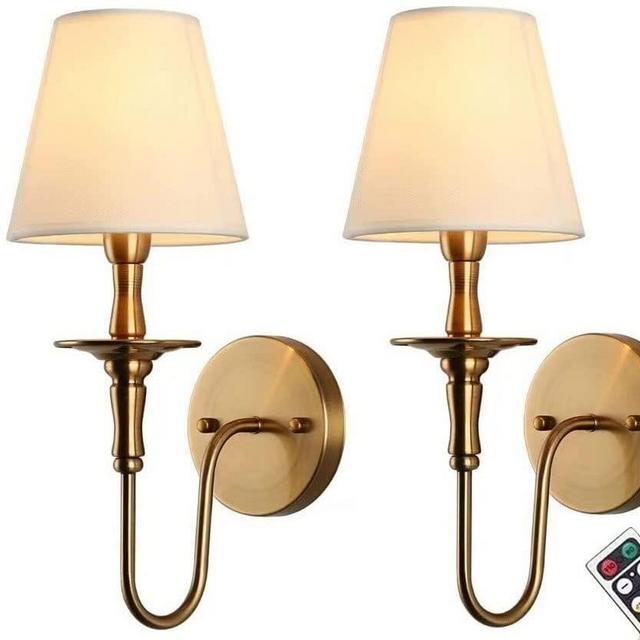 KEFA Wireless Battery Operated Wall Sconces Set of 2,No Wiring Rechargeable Wall Lights with Remote,Antique Brass Vintage Fabric Shade Wall Lamp Fixtures for Living Room Bedroom Farmhouse