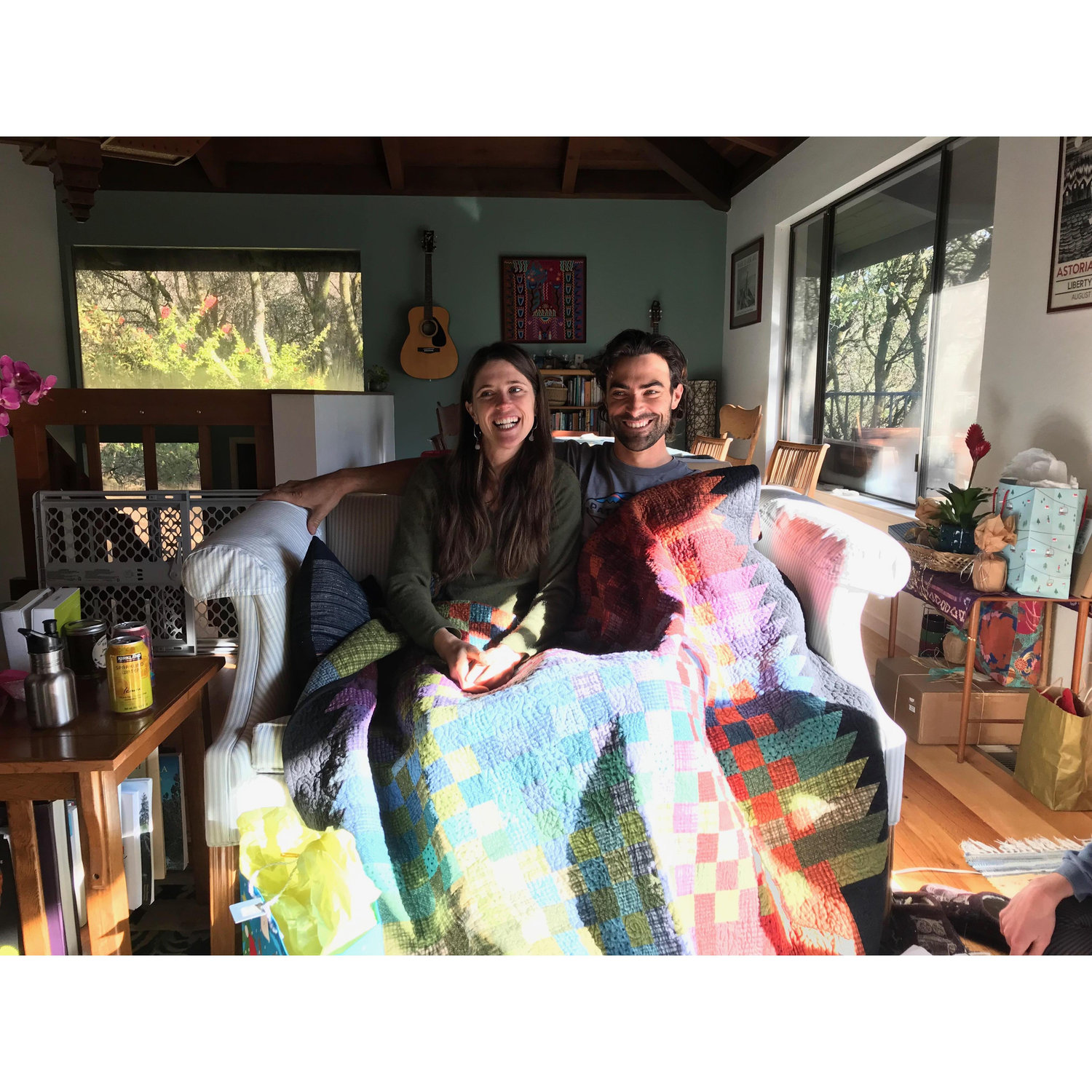 Christmas morning, under a beautiful quilt made by Connie!