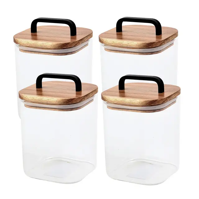 SharpChef 4PK Glass Airtight Storage Jar with Wooden Acacia Lid, Glass Food Storage Jars, 27 oz / 0.8 L / 3 cups