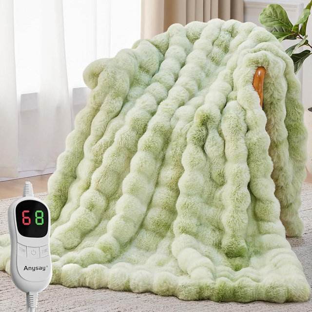 Anysay Heated Blanket Throw with 1/2/4/6/8 Hours Auto-Off 10 Heat Level, 50'' * 60'' Cozy Faux Rabbit Fur Bubble Electric Blanket with Overheat Protection(Tie-Dye Green)