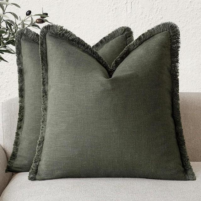 Foindtower Set of 2 Decorative Linen Fringe Throw Pillow Covers Boho Farmhouse Cushion Cover with Tassels Soft Accent Pillowcase for Couch Sofa Bed Living Room Home Decor,26×26 Inch,Dark Olive Green