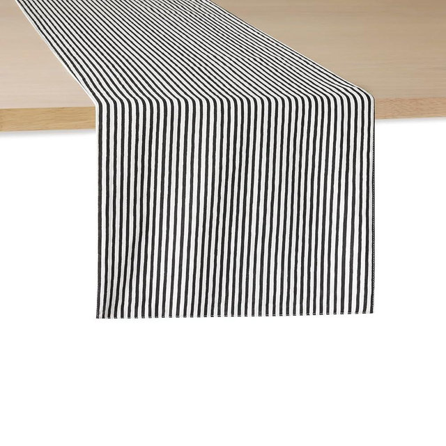 kate spade new york Hand Painted Shirting Stripe Reversible Table Runner, 100% Cotton, Cream/Black, 15"x72"