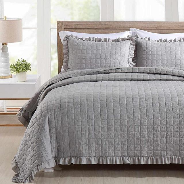 HIARUO 3-Piece Queen Quilt Set - Soft Warm Pleated Ruffled Reversible Coverlet Bedspread Set (90 x 90 Inch) with 2 Pillow Sham (20 x 26 Inch), Grey