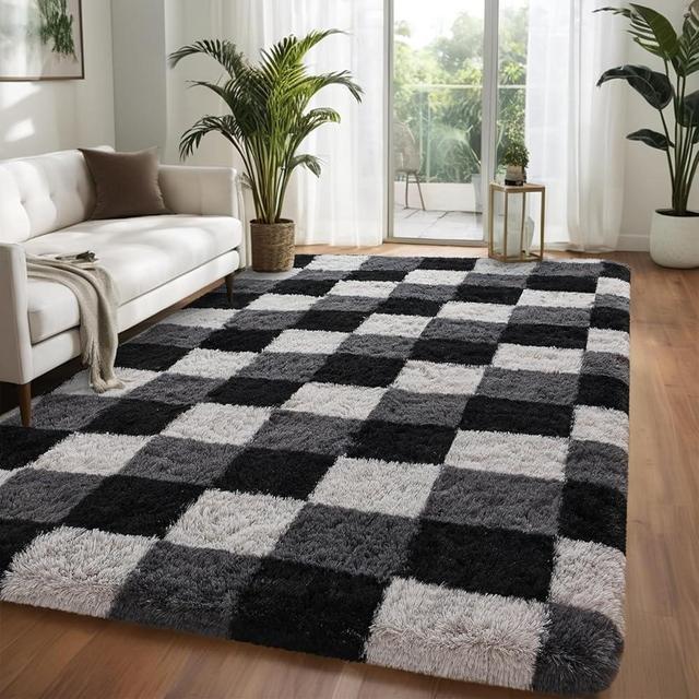 Larhom Aesthetic Rugs for Bedroom, 5x7 Ft Dark Grey Checkered Area Rug for Living Room, Thickened Memory-Foam Fluffy Carpets, Ultra-Soft, Non-Slip and Easy to Clean