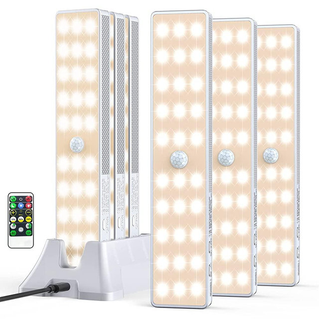 LED Closet Light with Charging Station, 30LEDs Rechargeable Motion Sensor Under Cabinet Lighting with Remote Control, Wireless Stick-Anywhere Night Safe Light Bar for Wardrobe,Kitchen-6 Pcs,Warm White